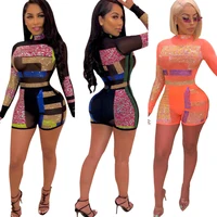 

MC2733 - ladies mesh rhinestone long sleeve bandage short jumpsuit
