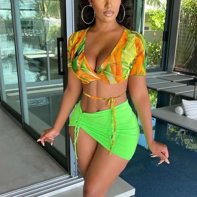 

FS3180D neon color Two Piece Sexy Summer Beach Suits Short Sleeve Crop Top and Sexy Mini Skirt Sets