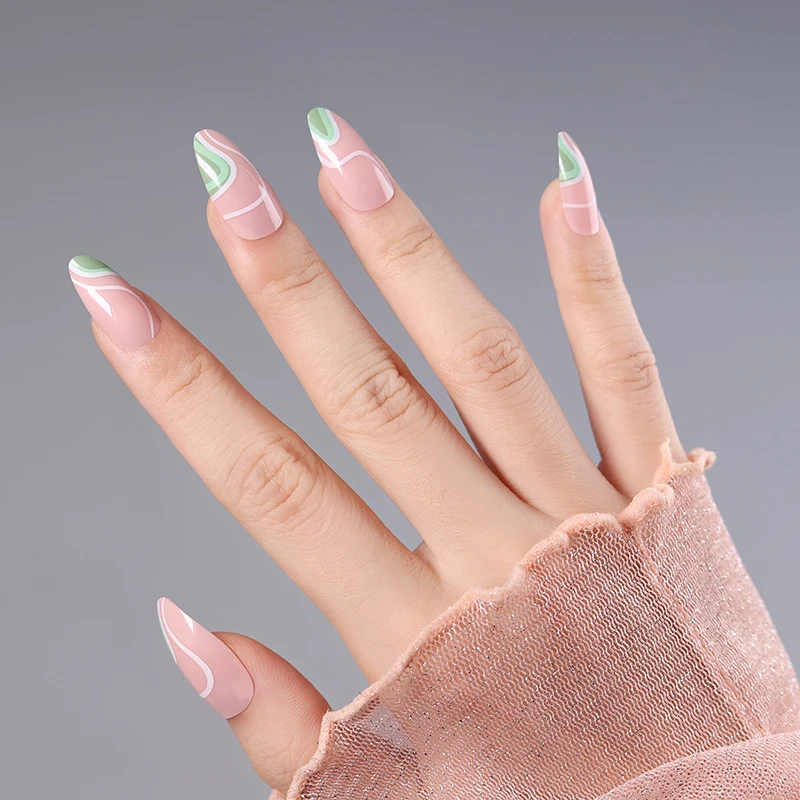 

Opaque UV Finish Short Pointed Medium Almond Shape False Nails Reusable Waterproof Pastel Press On Nails
