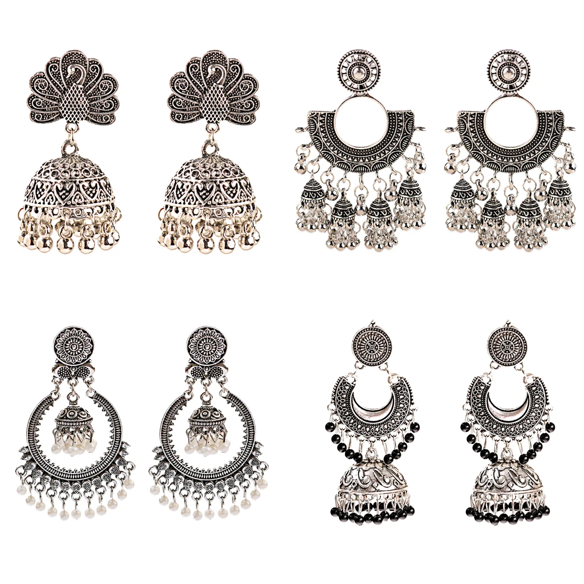 

Douvei Silver Plated Alloy Peacock Shape Drop Bells Pattern Bohemian Jewelry Vintage Little Tassel Round Bead Earrings