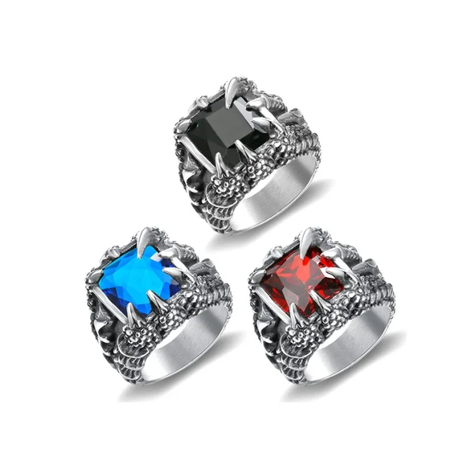 

Retro stainless steel skeleton dragon claw stone men's ring