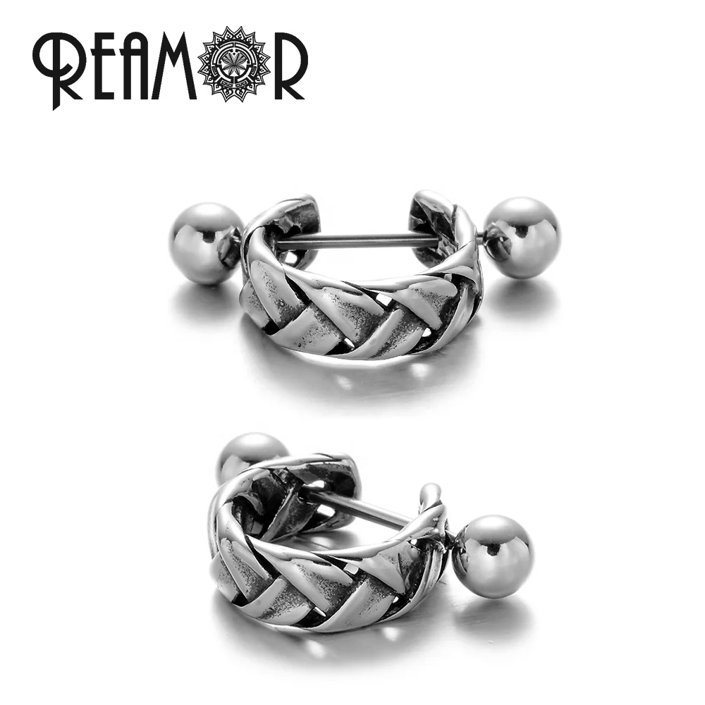 

REAMOR Special Braided Twist Rope Pattern 316l Stainless Steel Wrap Cuff Earrings with Stud Piercing Fashion Jewelry for Men, Silver color