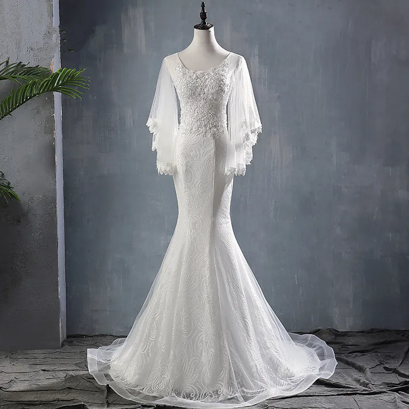 

Hot sale Top Grade Beach Lace Mermaid Wedding Dress Appliqued Batwing Sleeve Fish tail Bridal Gown, Ivory lace bridal wedding dress