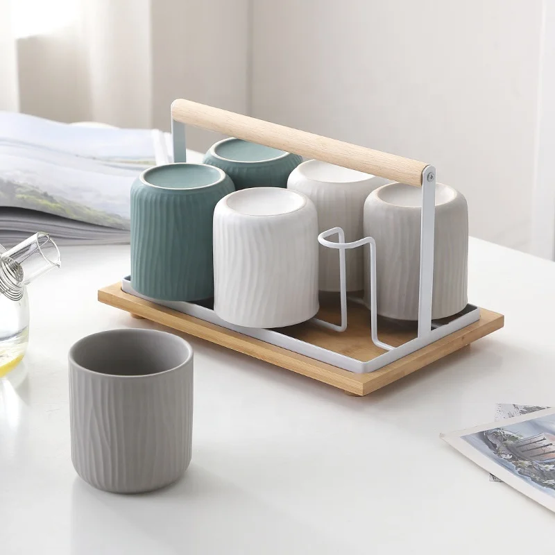 

Wholesale Cheap Europe Ceramic Mug Set Water Cup With Shelf Rack Tray Set For Home Gift, Customized color