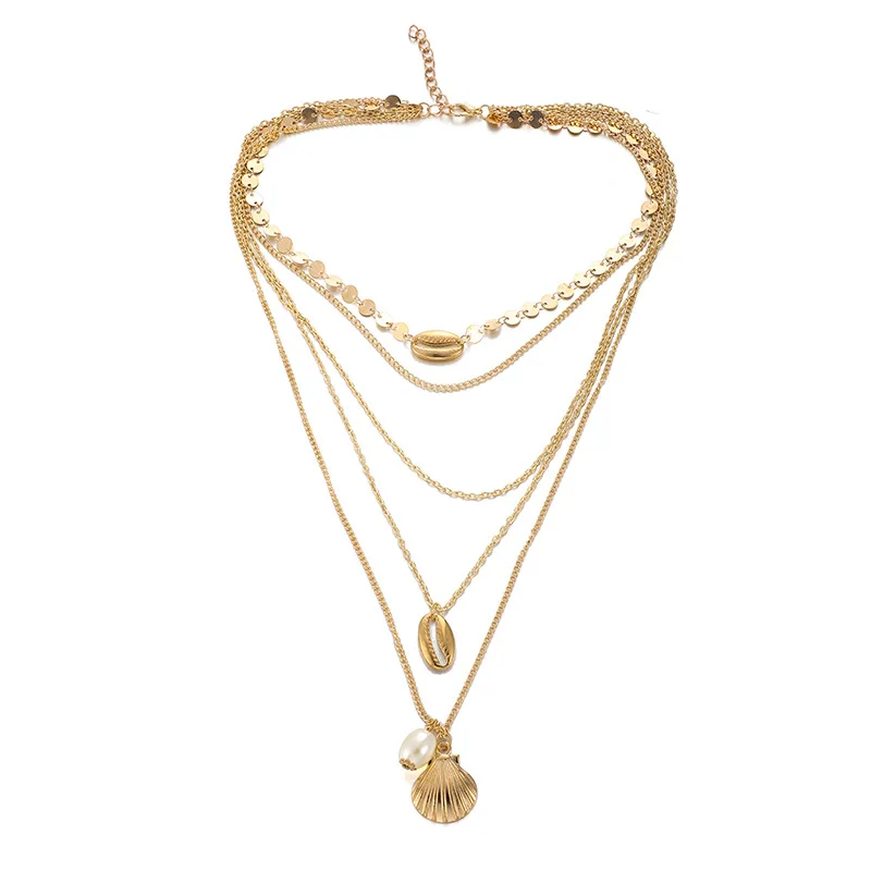 

Ruigang Boho Ocean Seashell Beach Jewelry 18K Multi Layer Long Conch Choker Sea Cowrie Gold Shell Pendant Necklace