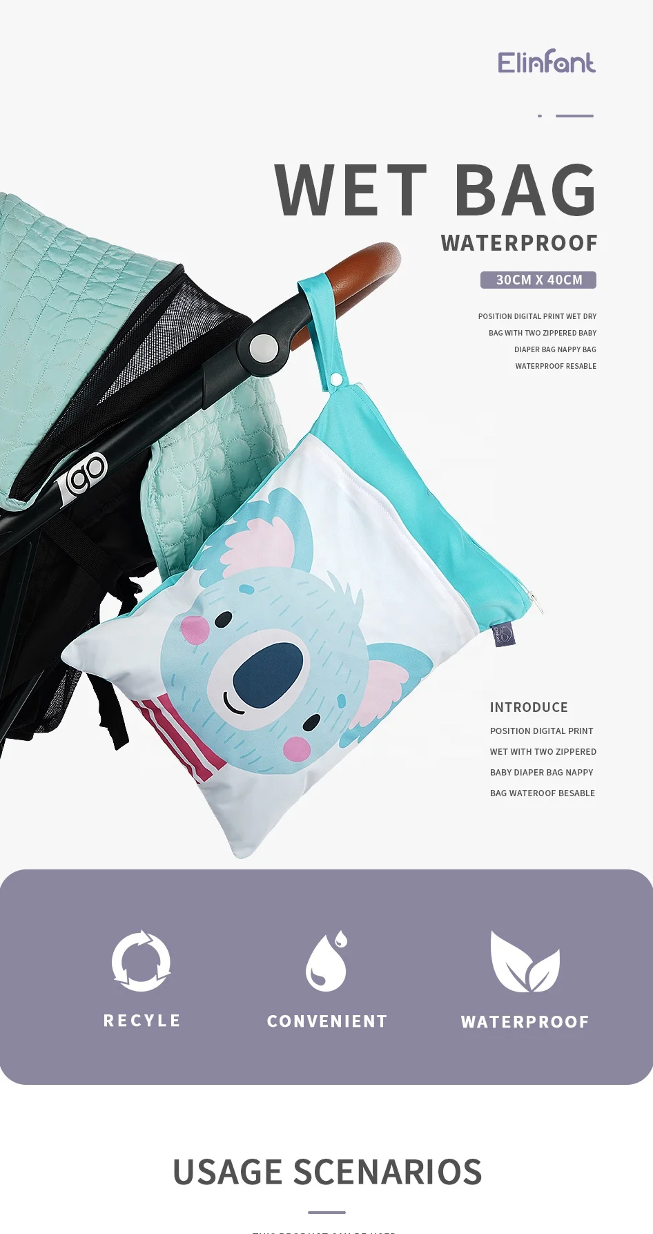 
Happyflute 30*40cm double pocket diaper wet bags waterproof portable cloth diaper bag 