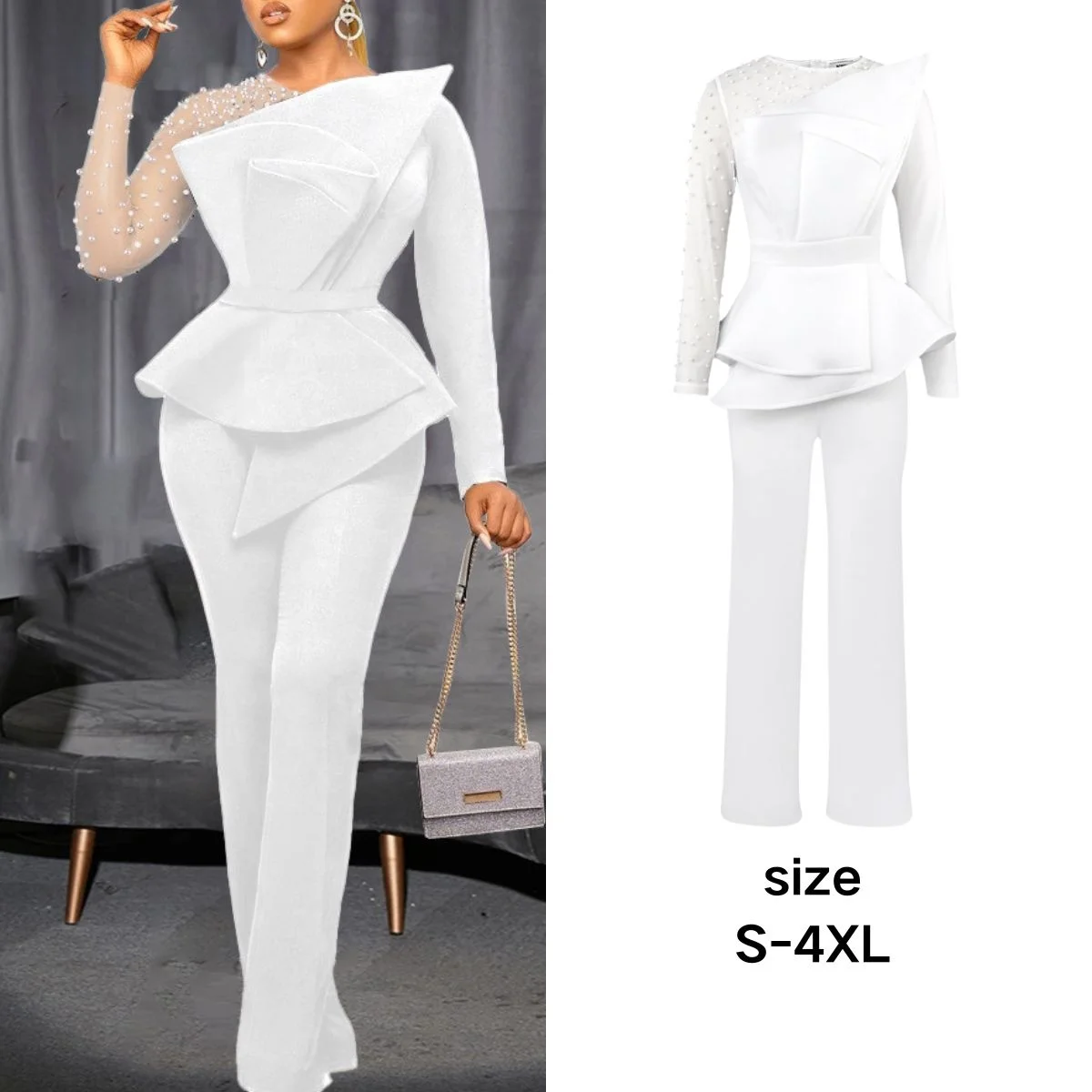 Beaded Female Jumpsuit Mesh Top