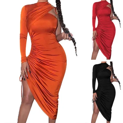 

Ladies One-shoulder Dress 2021 Women's Fashion Sexy Strapless High Slit Tight Dress Party Dating Long Sleeve Dresses