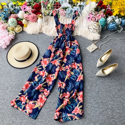 

2020 Summer Bohemia Style Women Backless Floral Printed Long Jumpsuits