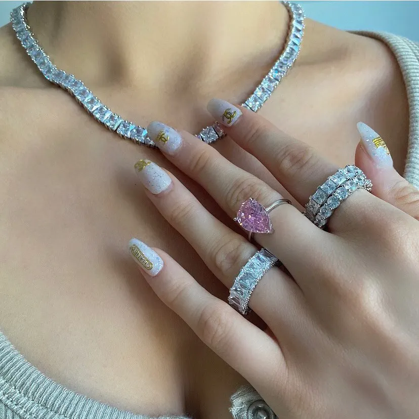 

IN STOCK Ice girl jewelry square princess cut 5A cz cubic zirconia wedding engagement iced out tennis choker necklace, Rose gold