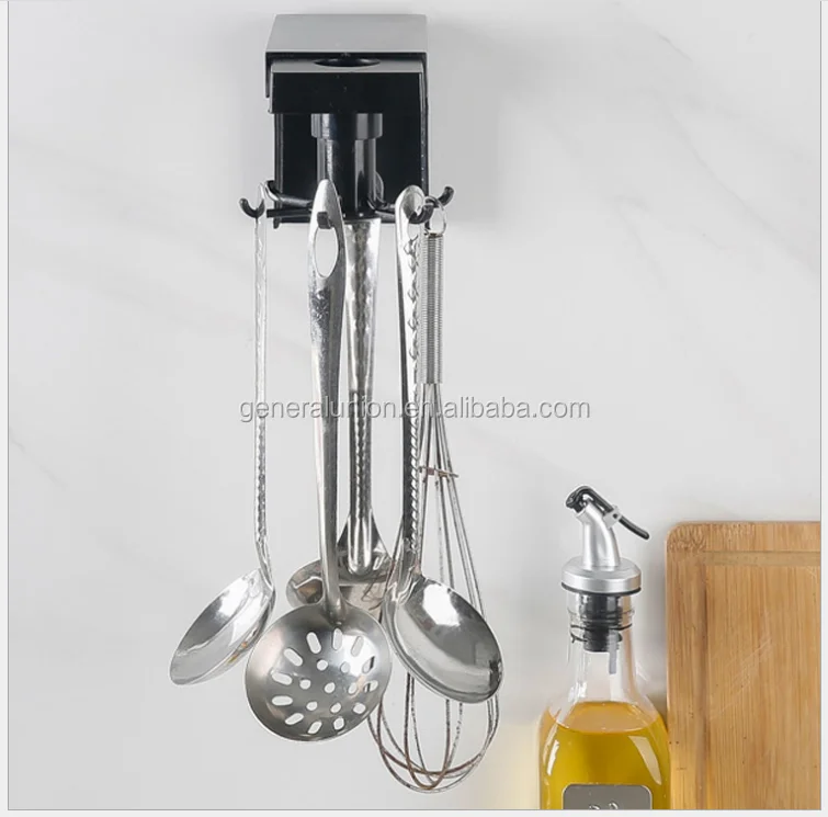 

Multifunctional plastic rotating kitchenware utensil holder rack with 8 hooks for kitchen and bathroom, Black