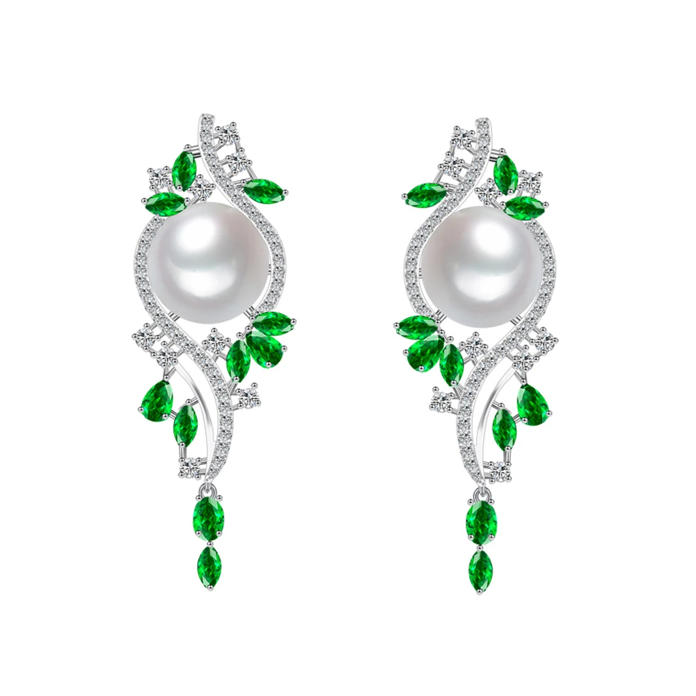 Trendy Noble Design Cubic Zircon Imitation Pearl Green Long Dangle Drop Earrings for Women Beauty Pageant Jewelry
