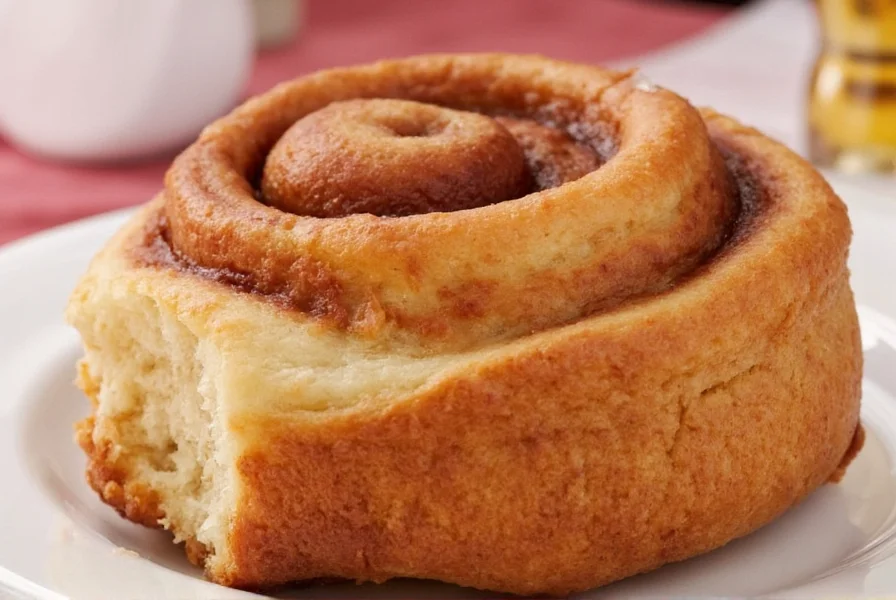 Close-up of cinnamon bun showing perfect spiral pattern and glossy glaze