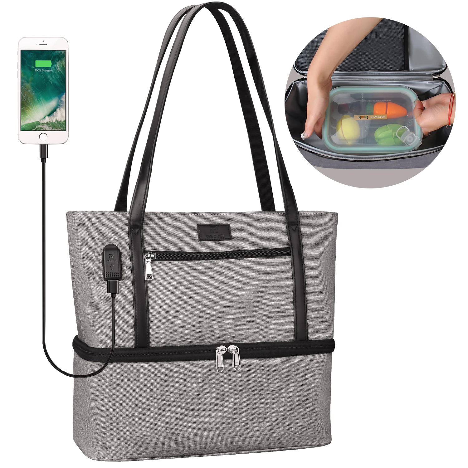 

Relavel Large Gray Reusable 2 Layer Insulated Purse Container Work Bag with Shoulder Strap USB Lunch Tote Bags for Women, Grey