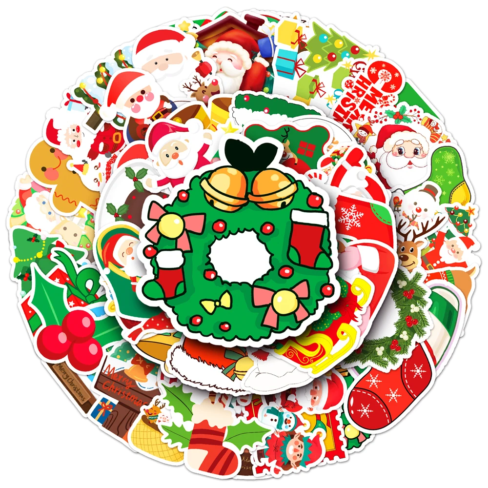 

50PCs Factory Hot Sale New Year Christmas Cartoon Sticker Waterproof Printing Custom Sticker