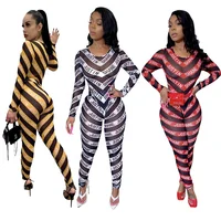 

Women Mesh Panel Striped Two Piece Jumpsuit Outfit