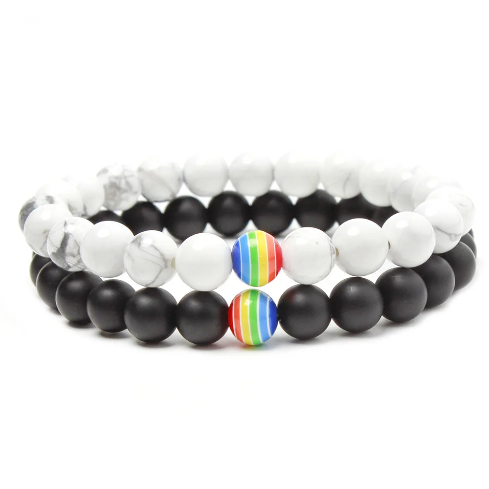 

2021 New Arrived Wholesale Custom  Colorful Rainbow Charms White Turquoise Stretch Stone Bracelet