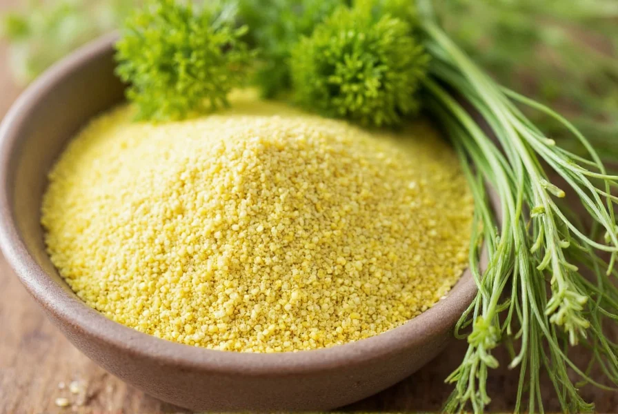 Close-up of golden fennel pollen in a small ceramic bowl with fresh fennel fronds