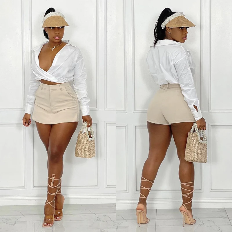 

Sandtree K21PT428 Casual Pocket High Waist Biker Short Set 2021 New Arrivals Solid Color Zipper Culottes One Piece Shorts