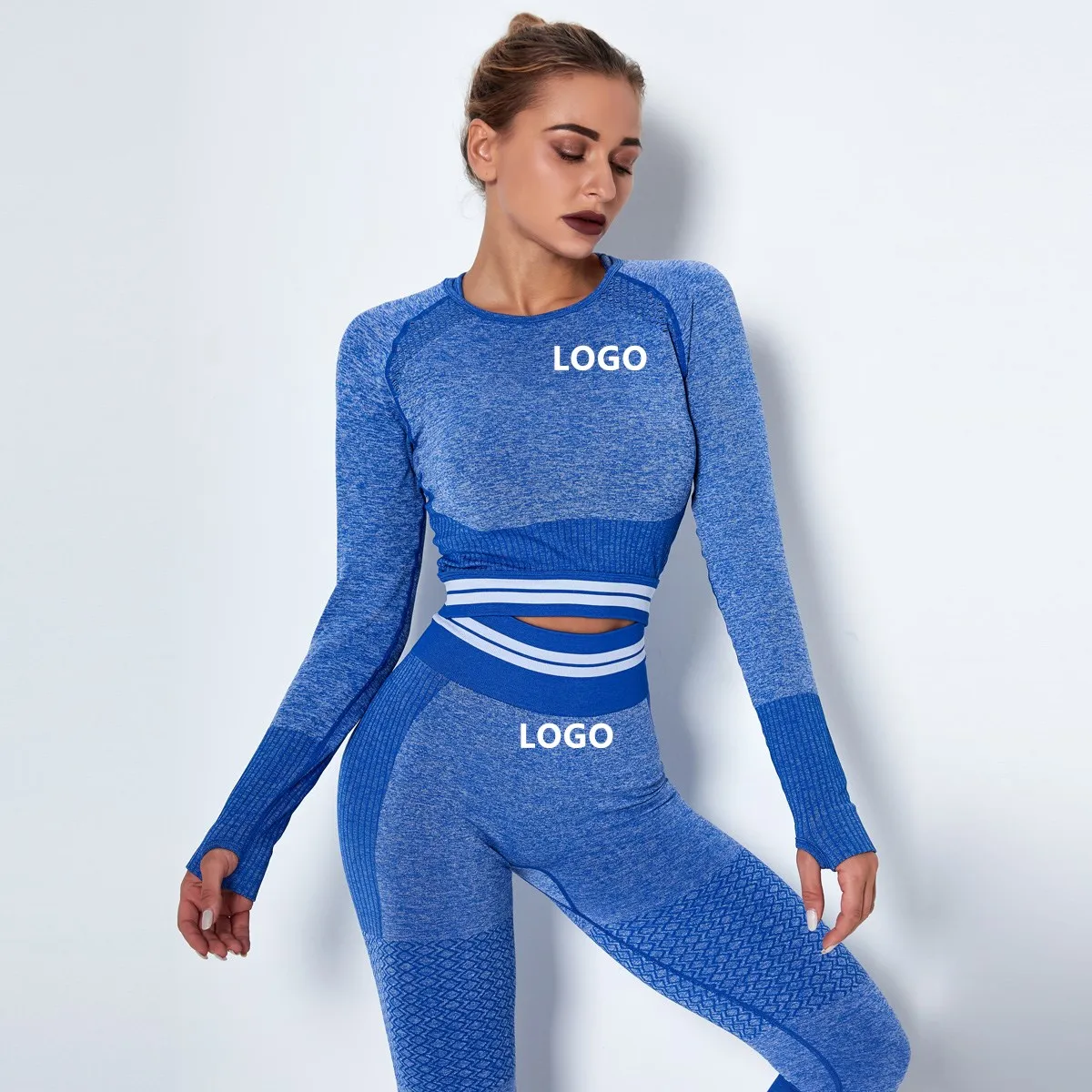 

Newest Seamless Knitted Quick Dry Sports Striped Nylon Cotton Custom Fitness Wear Women Yoga Set, As picture