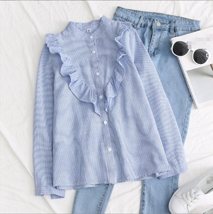 S-XL Autumn New Women Vintage Stand Collar Cotton Shirt Ruffles Full Sleeve Loose Blouse Casual Office Wear