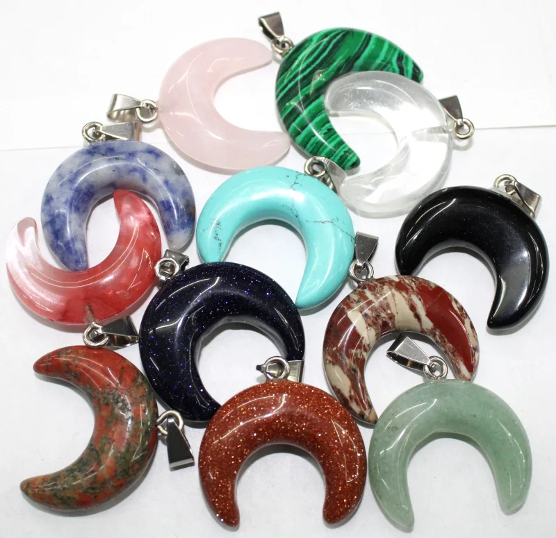 

Assorted Horn Shaped Crescent Moon Natural stone Turquoise Quartz Pink Crystal Pendant DIY Jewelry making Fast shipping