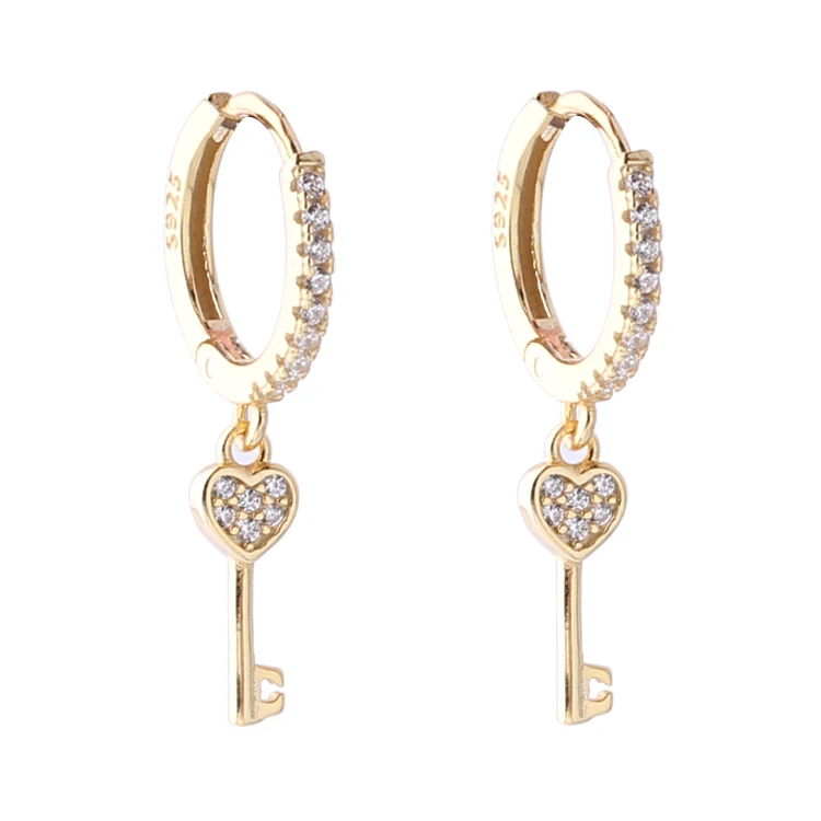 

High quality gold plated huggie ear ring sterling silver jewelry heart key drop charm hoop earring cartilage fashion earring
