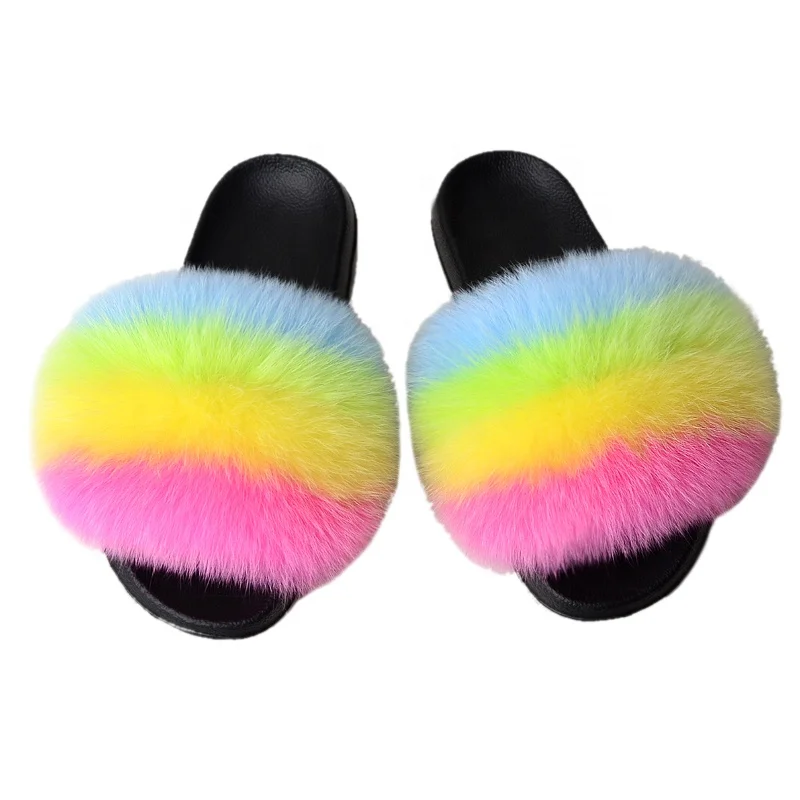 

Factory Wholesale Large Genuine Fox Fur Slippers Colorful Real Fur Sandals Soft Fashion Fur Slides For Women, As picture or customized color