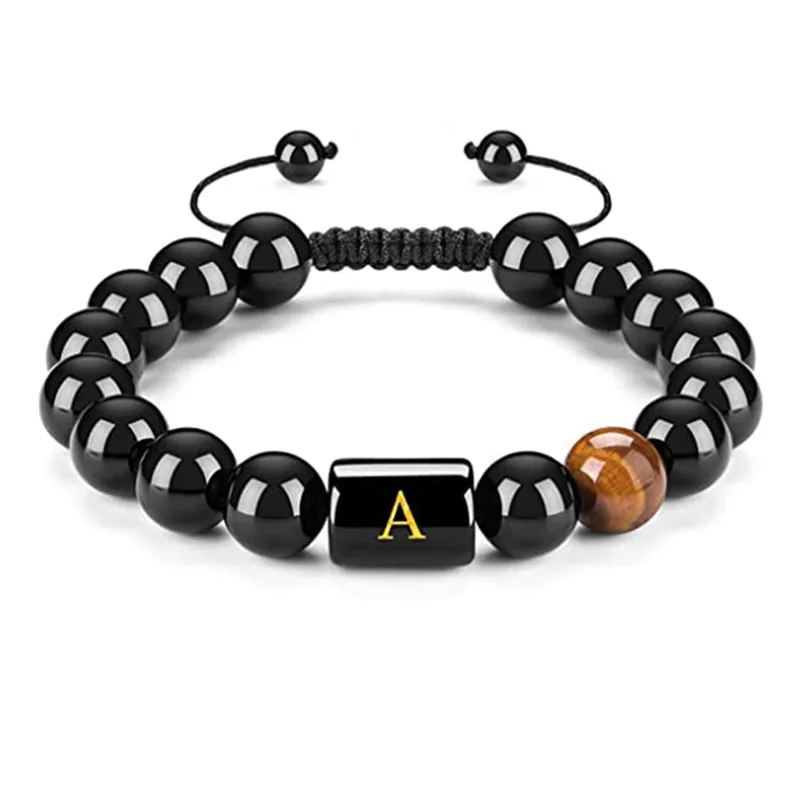 

Popular Beaded A-Z Letter Charm Mens Bracelet 10mm Tiger Eye Black Onyx Stretch Bracelets, Accept customization