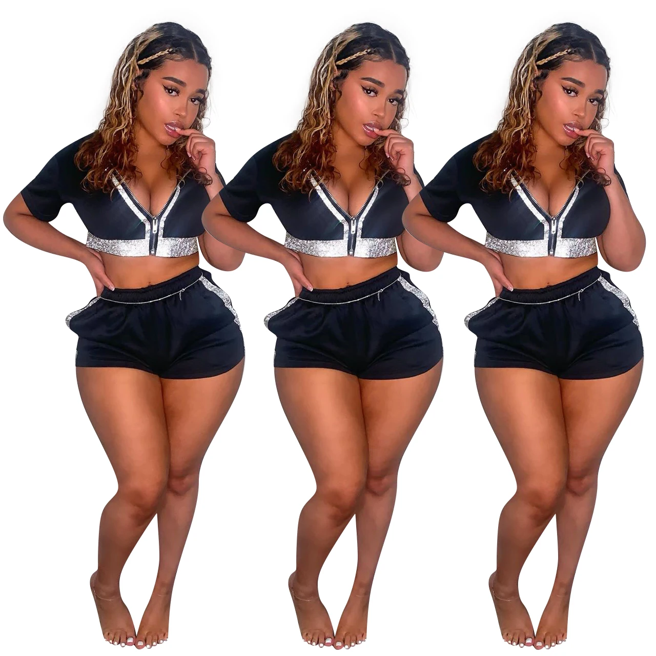 

Women black crop top zipper track suits