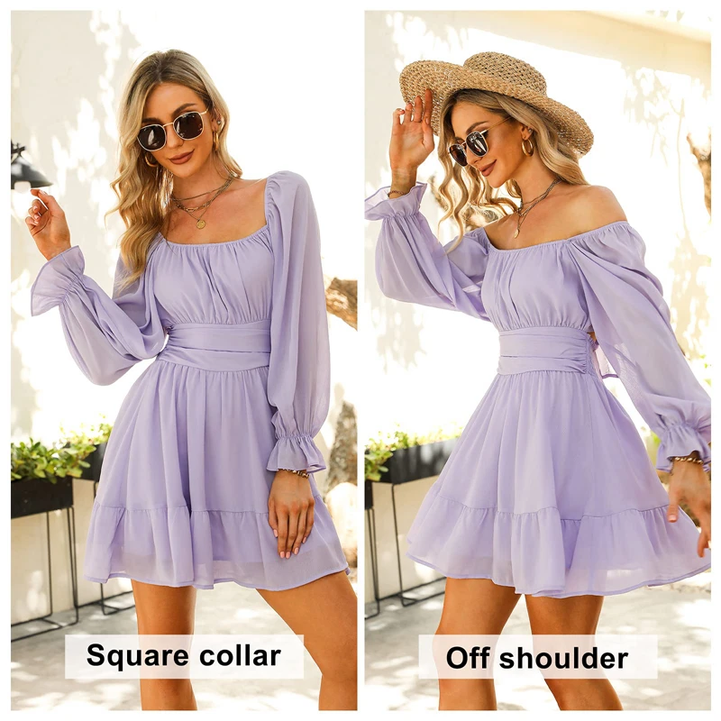 

A Line Puff Sleeve Off Shoulder Ladies Dress Casual Cheap Female Summer Long Sleeve Dresses, Picture