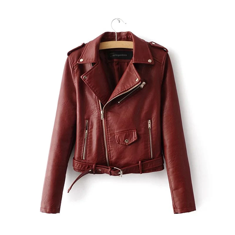 
Ladies Basic Street Coat Crop Tops Zipper Motorcycle PU Leather Jacket 