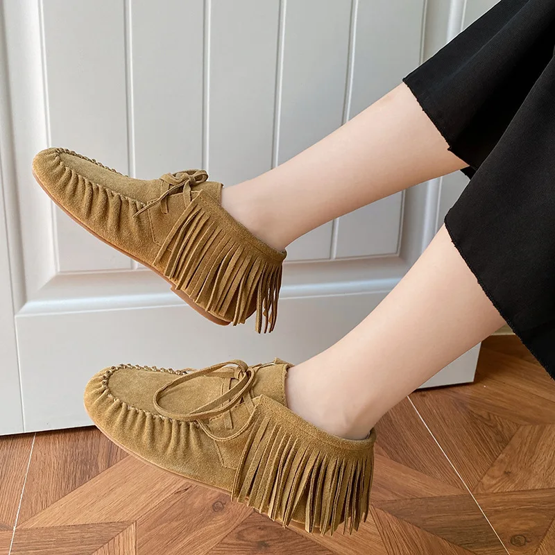 

Tassel decoration faux sued solid color tie up women comfort shoes retro casual lady flat ankle boots for autumn fashion