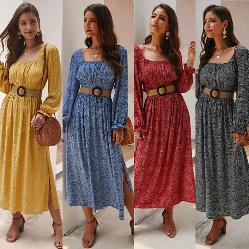 

Popular Vintage Square Collar Ladies Casual Rayon Ruffle Long Sleeve Maxi Long Floral Summer Dress For Women New Arrivals 2020, Blue or custom ,floral summer dress women