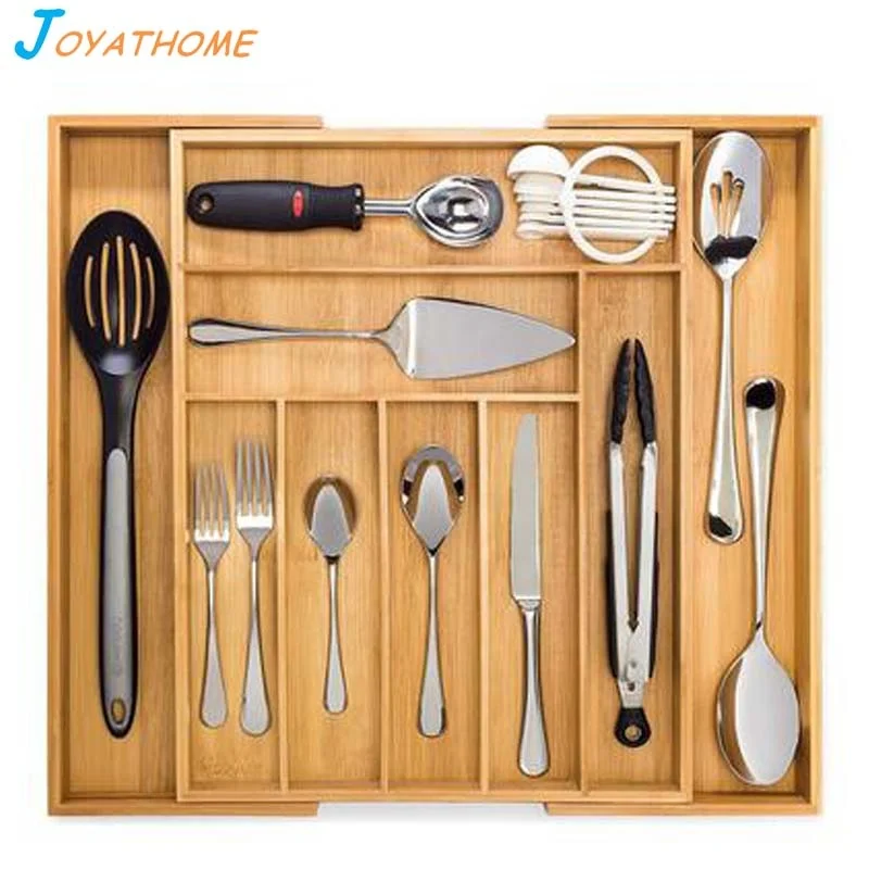 

Bamboo Expandable Drawer Organizer for Utensils Holder Adjustable Cutlery Tray Wood Dividers Kitchen Cabinet Pull out Storage