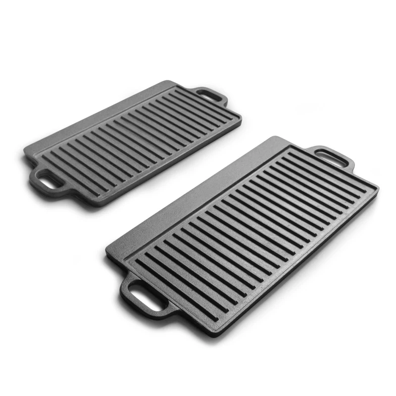 

Custom Cast Iron Outdoor Baking Barbecue Tray Double-sided BBQ Griddles Steak Pan Kabob Squid Plate Roasting Cookware