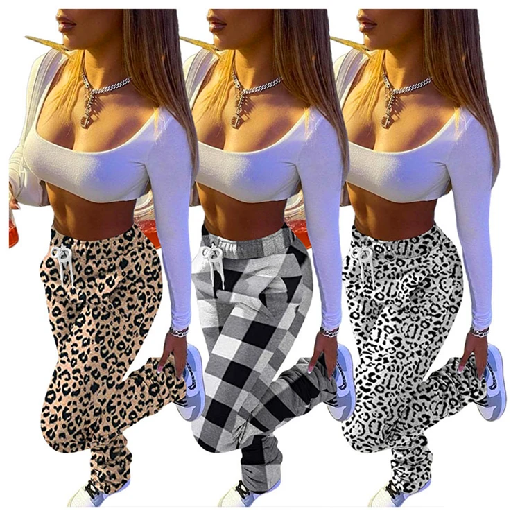 Wholesale Womens Clothing Latest Design 2021 Plaid Leopard Print Autumn Stacked Joggers Women Casual Trousers Pants