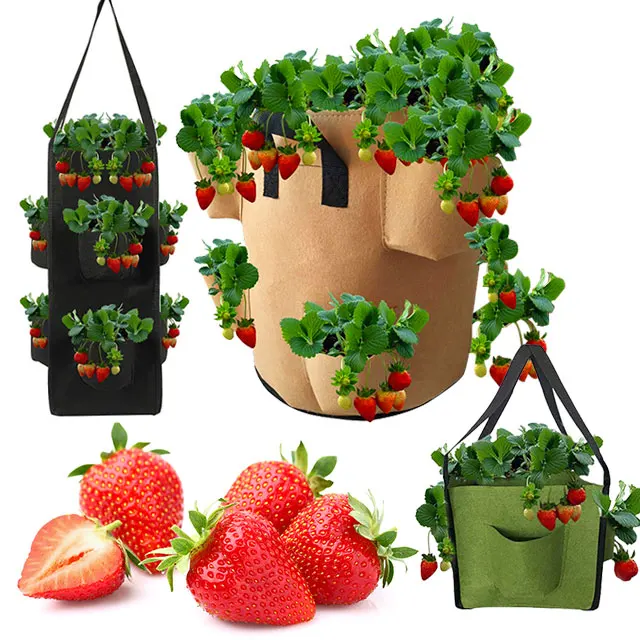 

square long handle felt strawberry plant hanging grow bags with extra pocket, Khaki black green