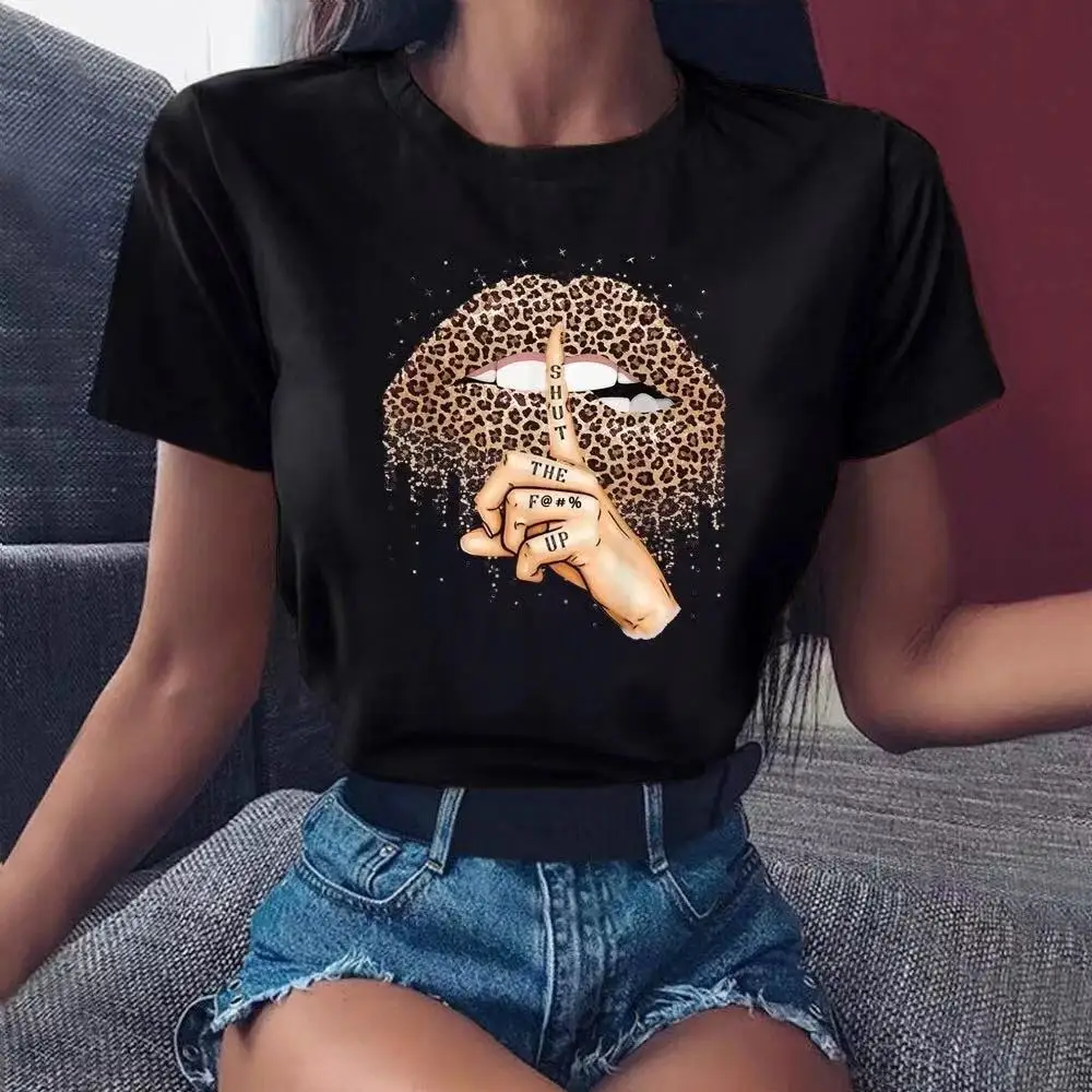 

Fashion Print Street Wear T Shirts Summer Clothing Top Tee For Women 3Xl, Little leopard print lips-white, pure white