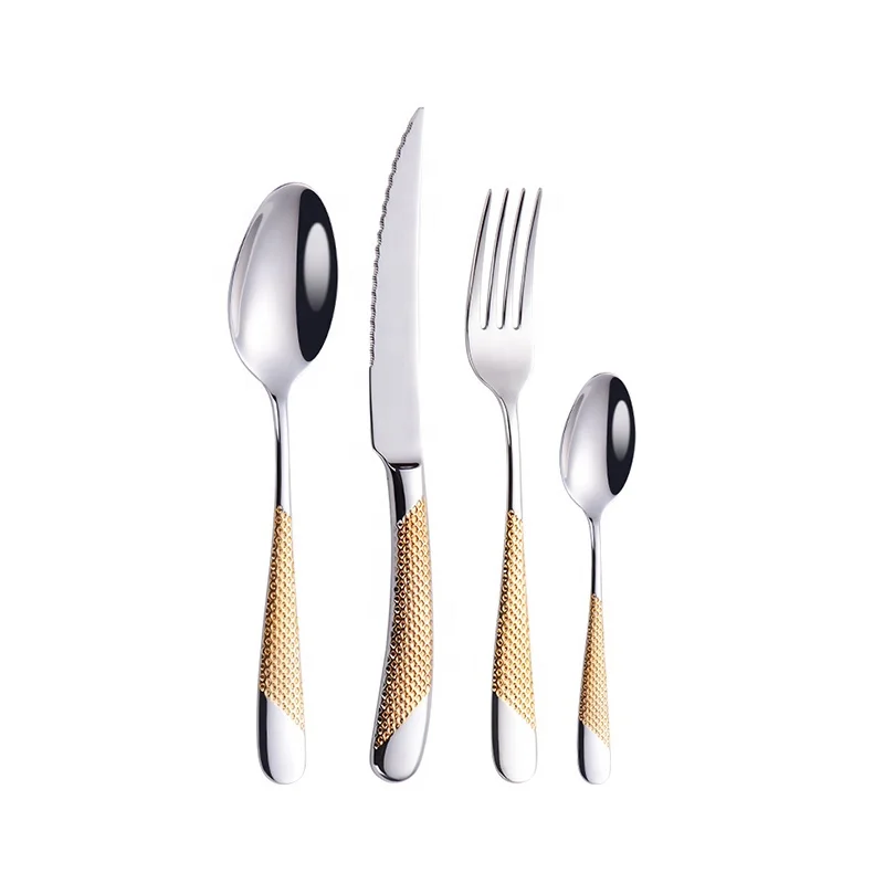 

wholesale 24k gold plated 4pcs stainless steel cutlery flatware spoon fork knife with gold plated, Golden