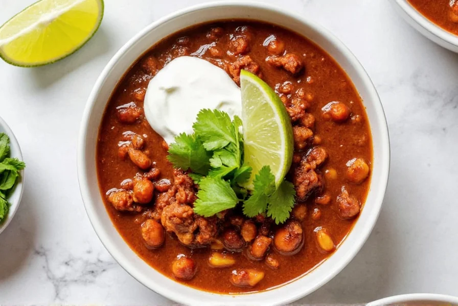Finished pork chili served in white bowl with toppings including sour cream, cilantro, and lime wedges