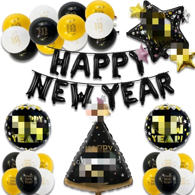 

DAMAI Aluminum Film Balloon Set New Year Party Decorations Black Gold Balloons Happy New Year Balloon Banner