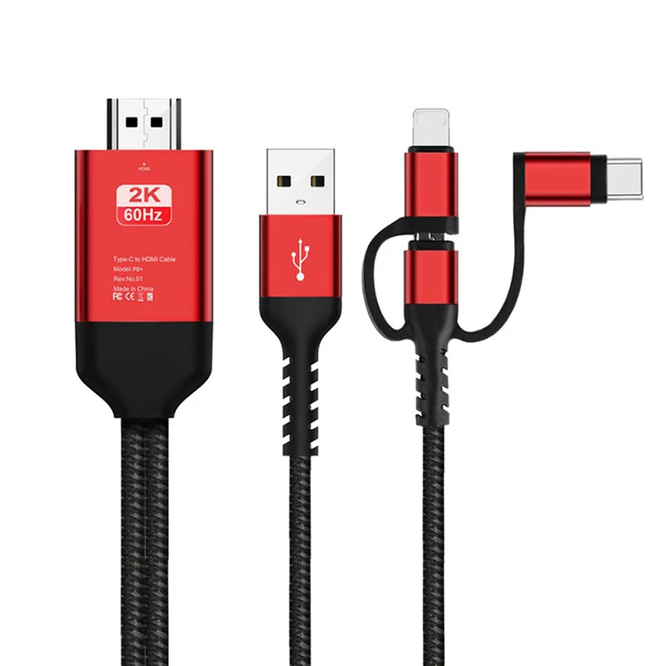 

Hot sale 3 in 1 HDTV video conversion Type-c cable Lightning cable Micro cable to HDMI Adapter mobile phone charger for TV, Black/red