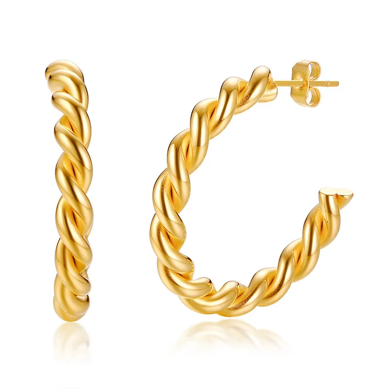 

C-shaped Twisted Rope Round Hoop Earrings Personality All-match Clip Earrings 18K Gold Plated Stainless Steel  as Picture