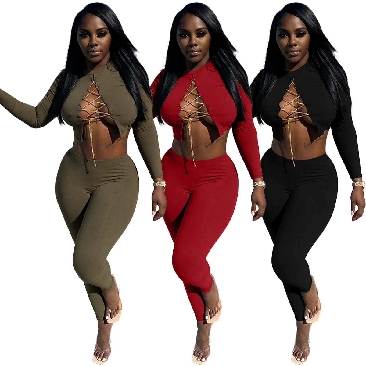 

JP1051 New collections wholesale New autumn crop top women 2 piece pants set O-Neck zippers Hollow out sexy suit for woman