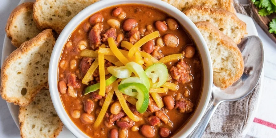 Chili bowl with crunchy toppings and smooth texture underneath.