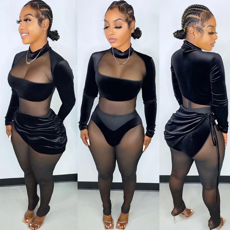 

Lygens 2021 Autumn Winter Velvet Mesh Patchwork Women 2 Pieces Long Sleeve Jumpsuit Lace Up Mini Skirt Set Skinny Streetwear Set