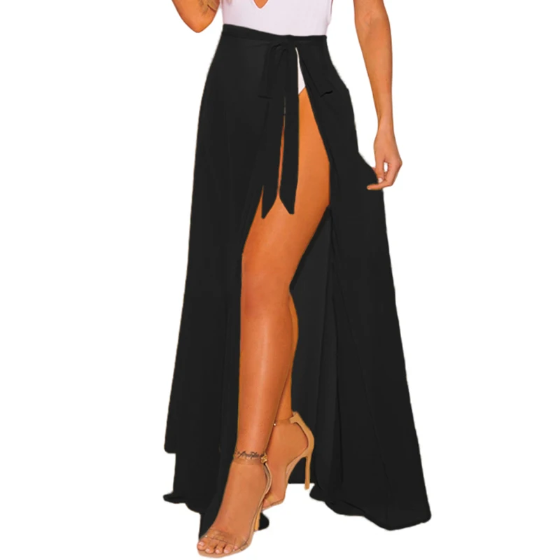 

Women Sexy Slit Patchwork Sheer Wrap Ankle Length Maxi Beach Skirt