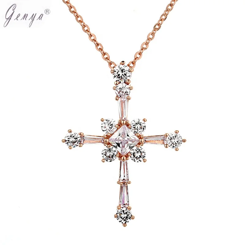 

GENYA Fashion Brilliant diamond Cross necklace Crucifix Rose Gold Long Chain Pendant Necklace Jewelry For Women Girls