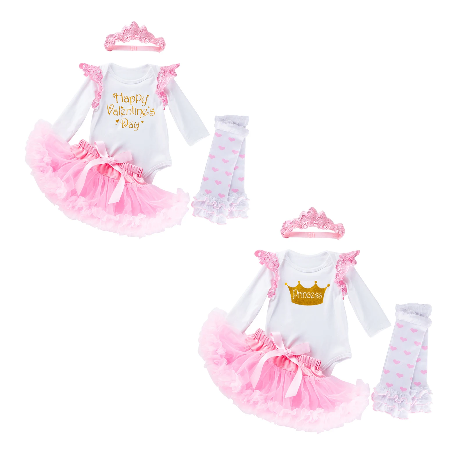 

Newborn Baby Girls Valentine's Day Outfit Romper Flutter Sleeve Dress Headband Costumes 4pcs, Picture shown